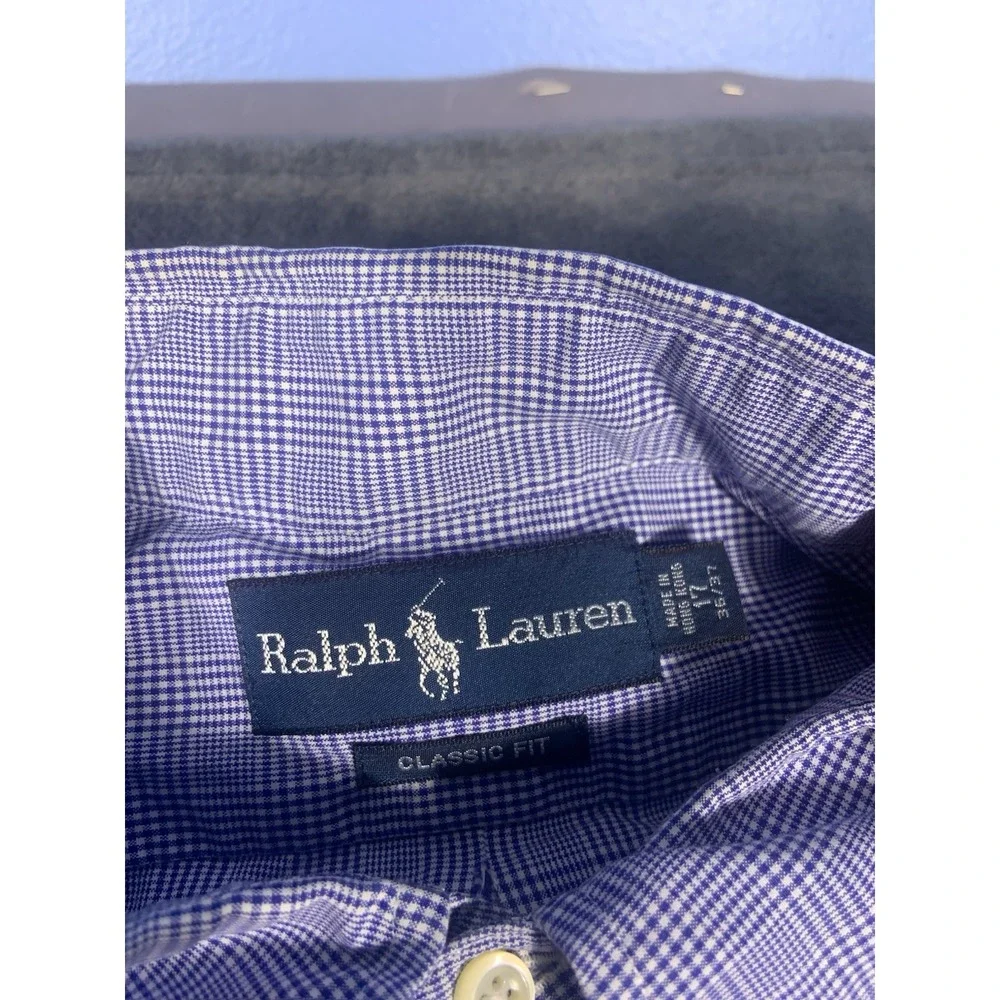 Vtg Polo Ralph Lauren Shirt Mens 17 XL Button Down Plaid Cotton Blue Pony Office